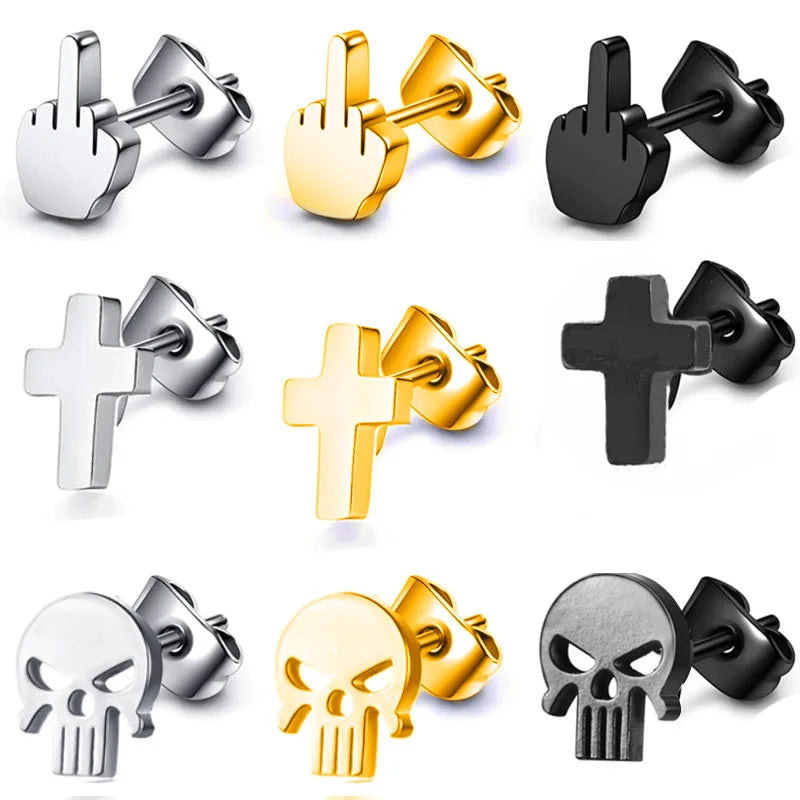 2PCS Gothic Faux Star Ear Plug Stainless Steel Mens Ear Stud Screw Black Skull Earrings Piercing Jewelry Wholesale